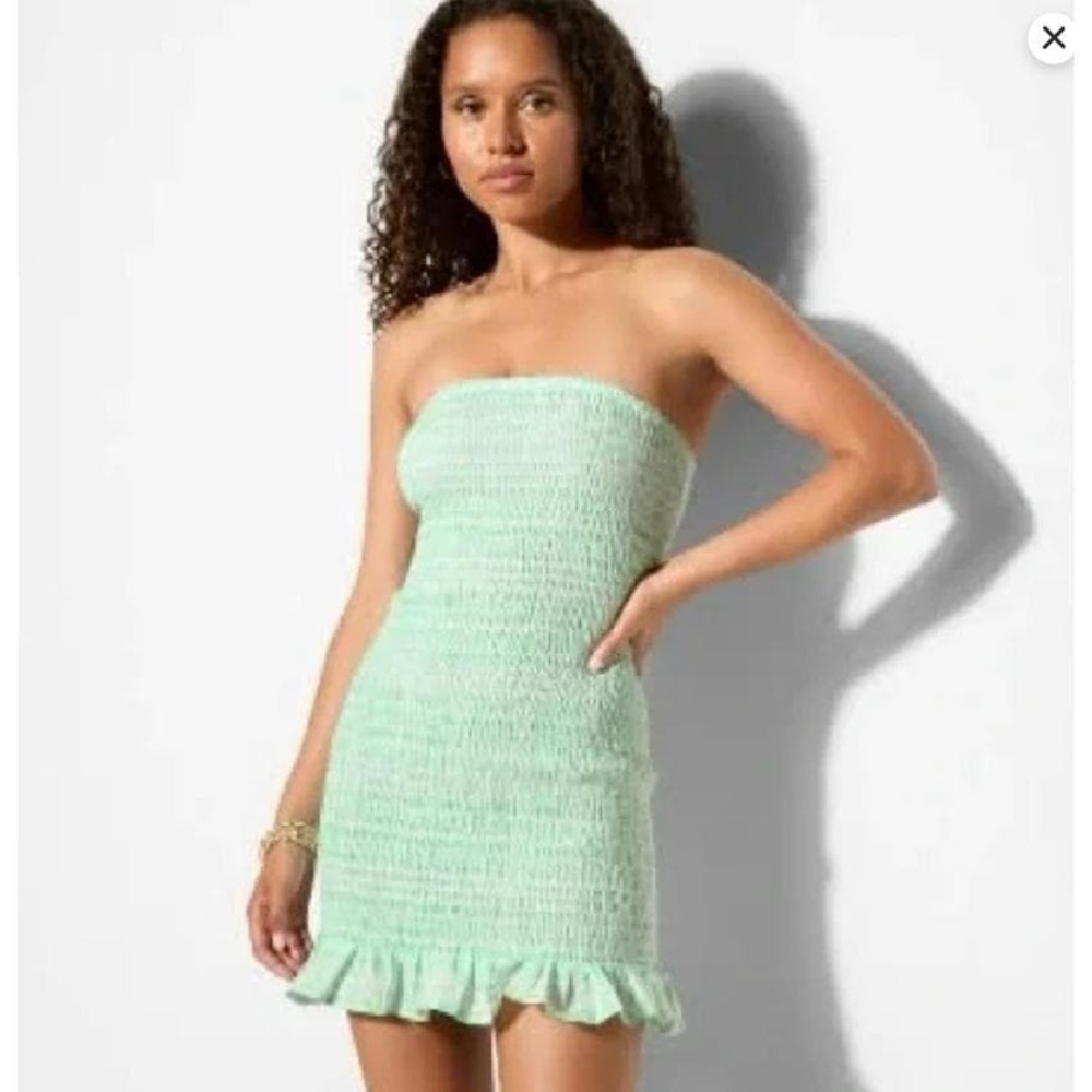 Women's Smocked Bodycon Mini Tube Dress Plaid Mint Green XL - Picture 5 of 5